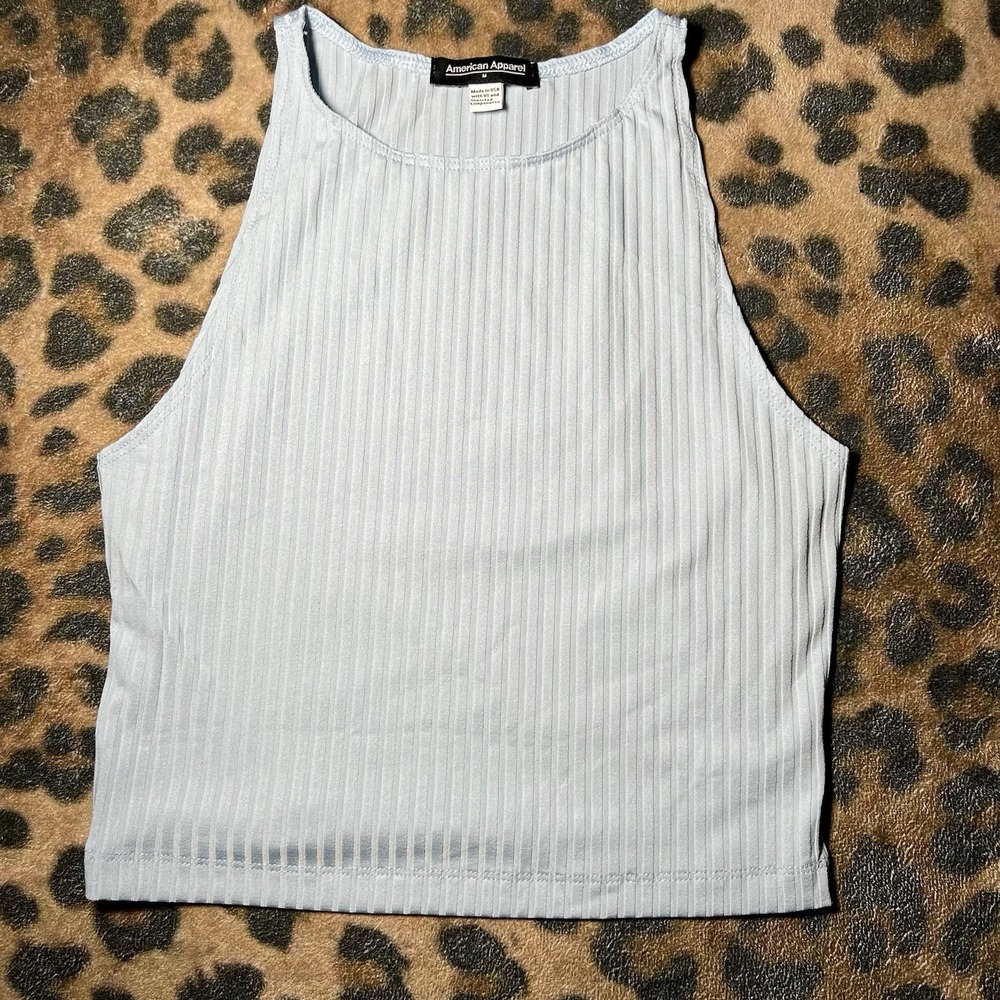 American Apparel Shirt Women Size Medium Crop Top Tank Cropped Made In USA Blue